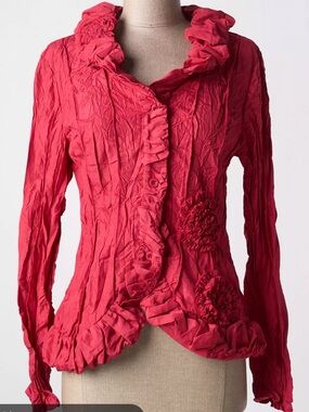 NWT Tribal Ruffle Red Crinkle Fabric Button Down Blouse with Rosettes LS S 2